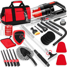 Viewsun front packaging showing the full 17-piece red car cleaning kit and clear contents