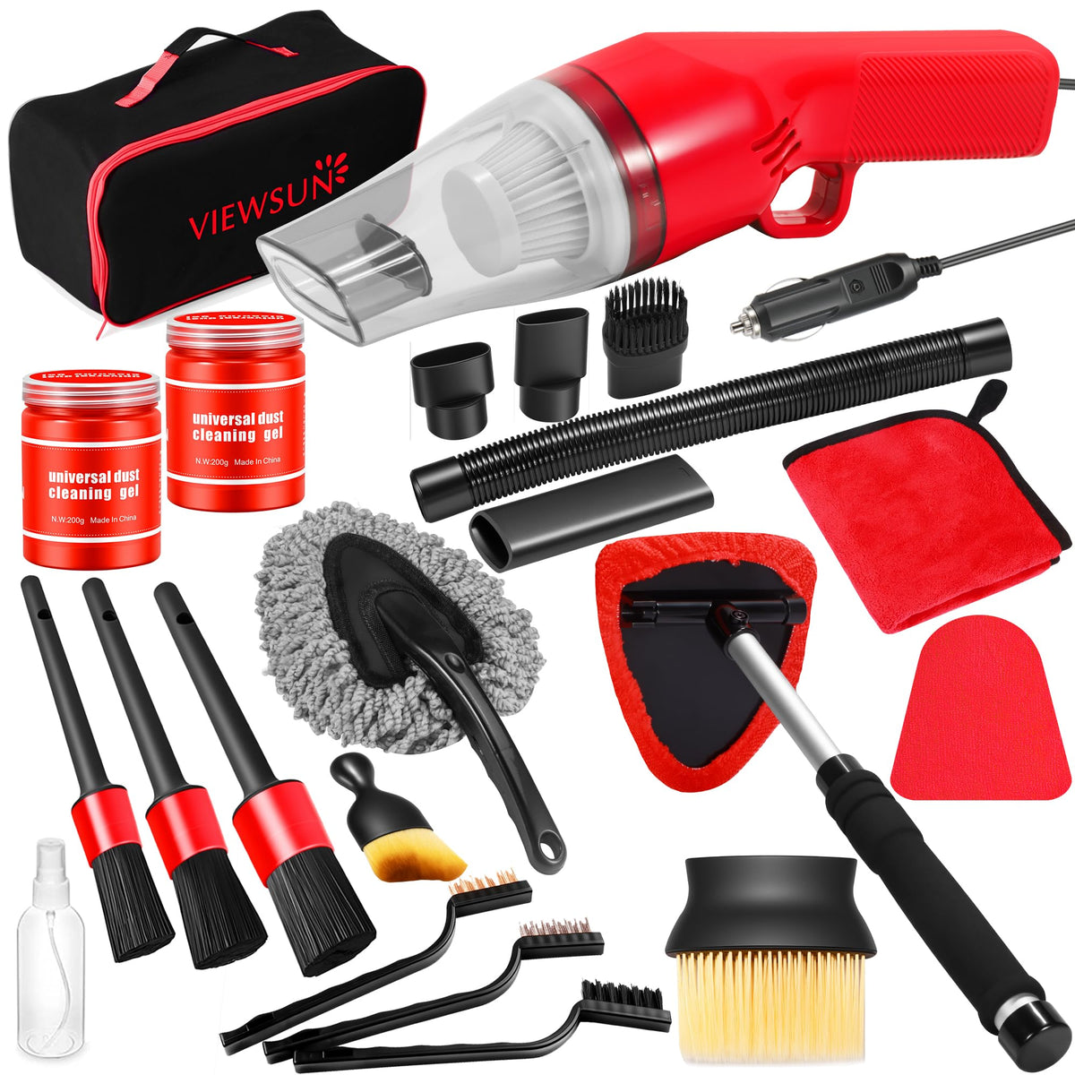 Viewsun red handheld vacuum front view showing compact power and portability