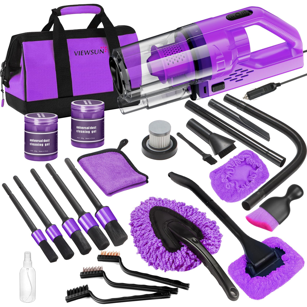 Viewsun handheld vacuum front view showing compact design and strong suction benefit