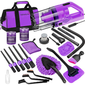 Viewsun handheld vacuum front view showing compact design and strong suction benefit