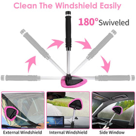 Viewsun windshield cleaner close-up demonstrating swivel head and extendable handle benefits