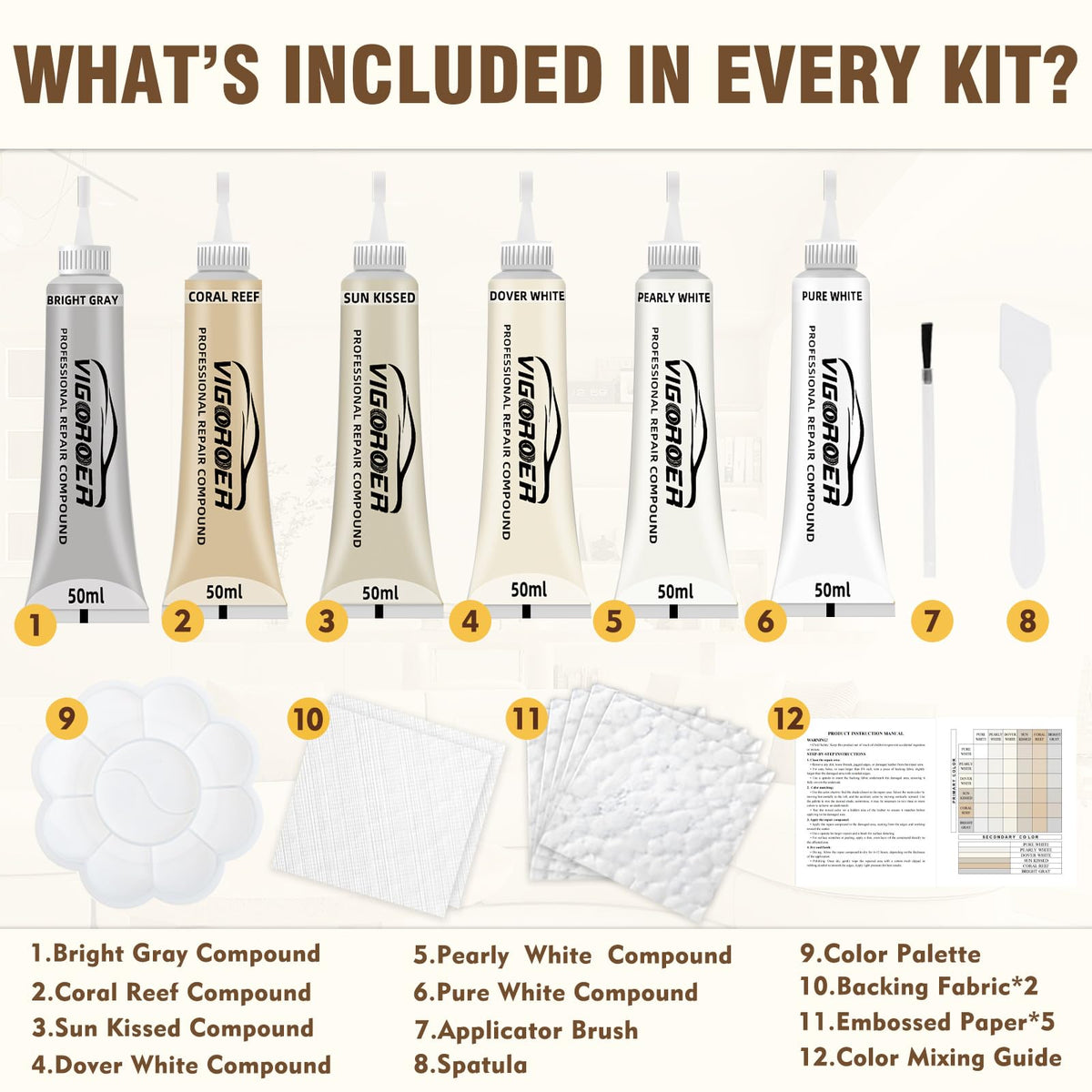 Vigorder color mixing guide and palette helping match cream and white tones