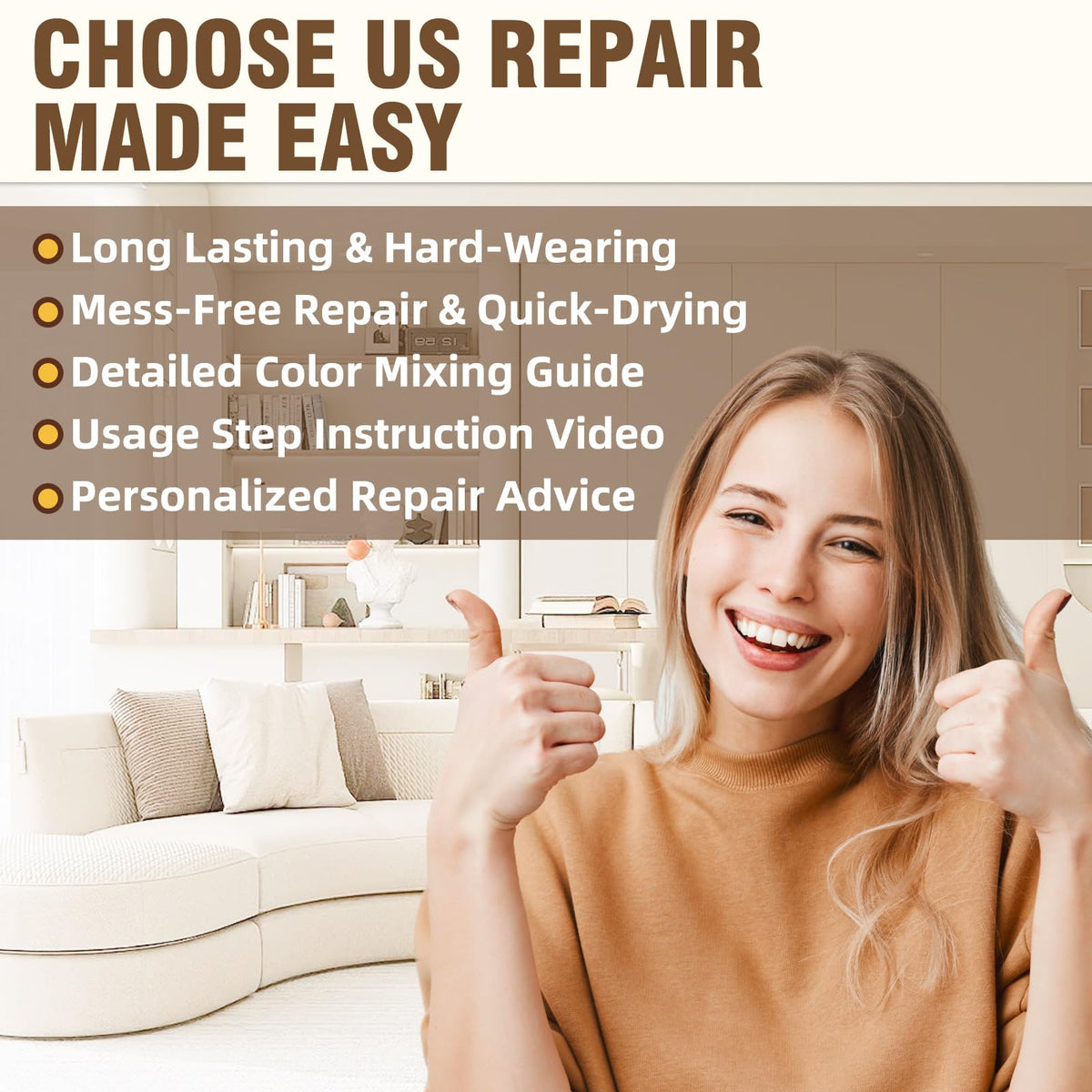 Vigorder in living room lifestyle shot showing revitalized furniture and aesthetic benefit