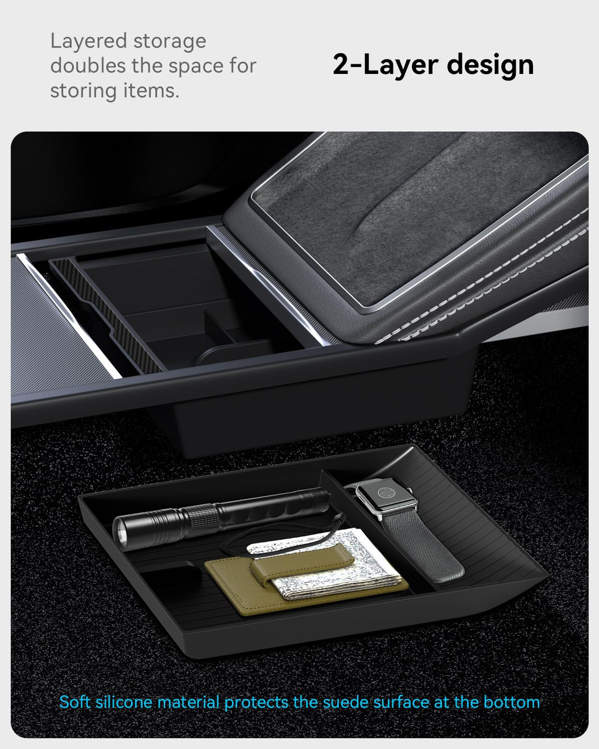 VIHIMAI tray compartments holding phone keys and sunglasses for quick access