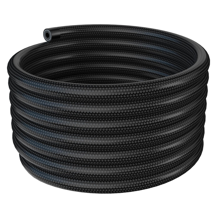 Vintruep 6AN fuel line front view showing black braided jacket and durable construction