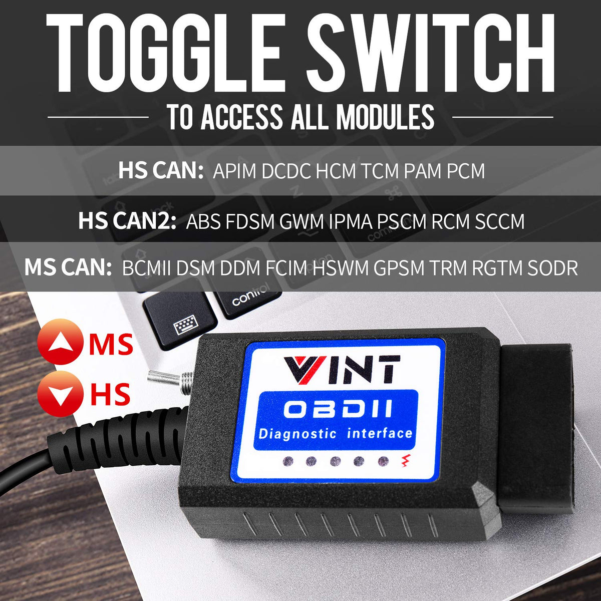 VINTscan adapter plugged into Ford OBD2 port, instant vehicle access advantage