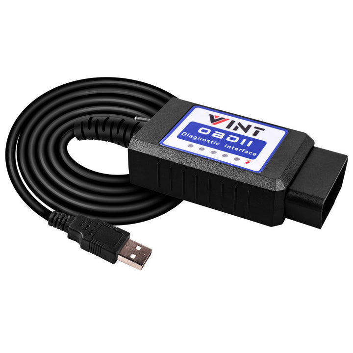 VINTscan front view of OBD2 adapter showing ports and label, reliable connection