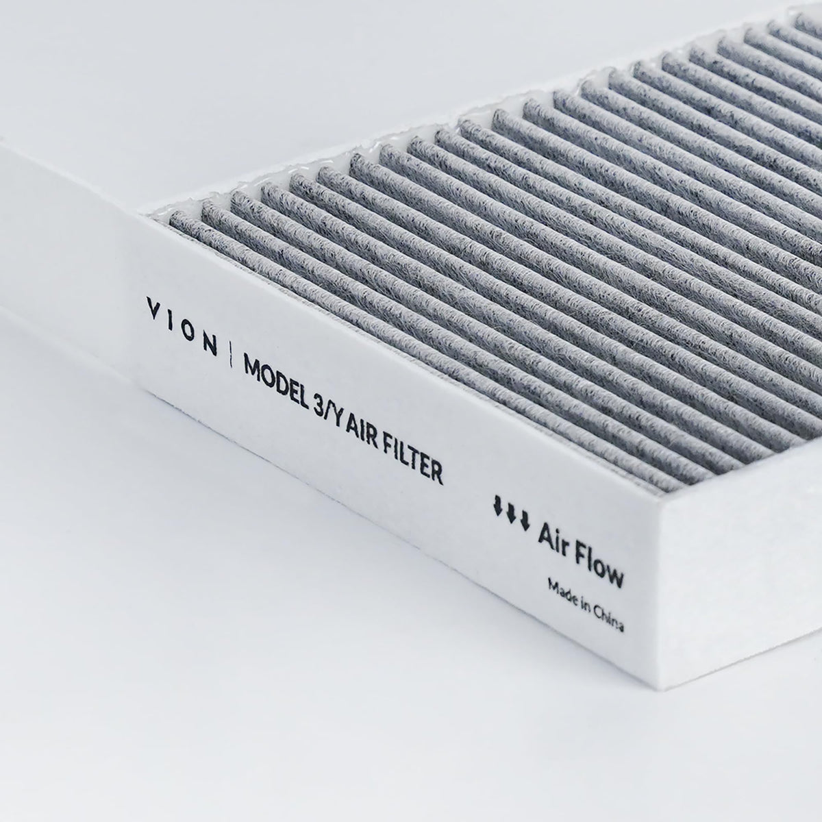 VION filter beside a ruler illustrating precise OEM-standard sizing and fit confidence