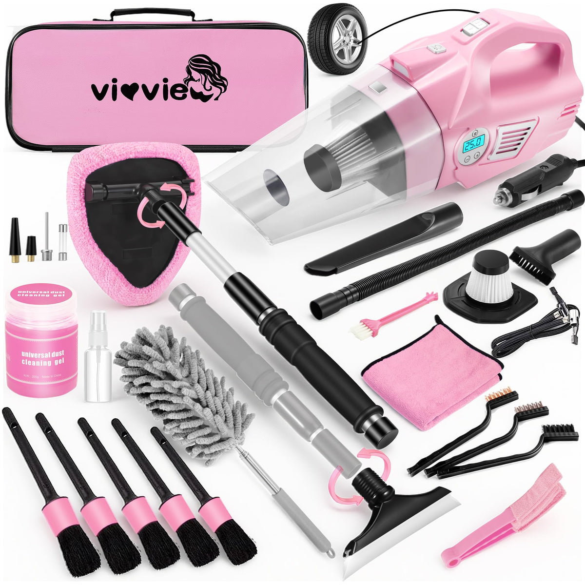 vioview front view of pink vacuum and bag showing compact storage benefit