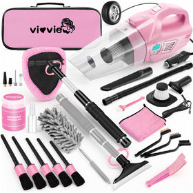 vioview front view of pink vacuum and bag showing compact storage benefit
