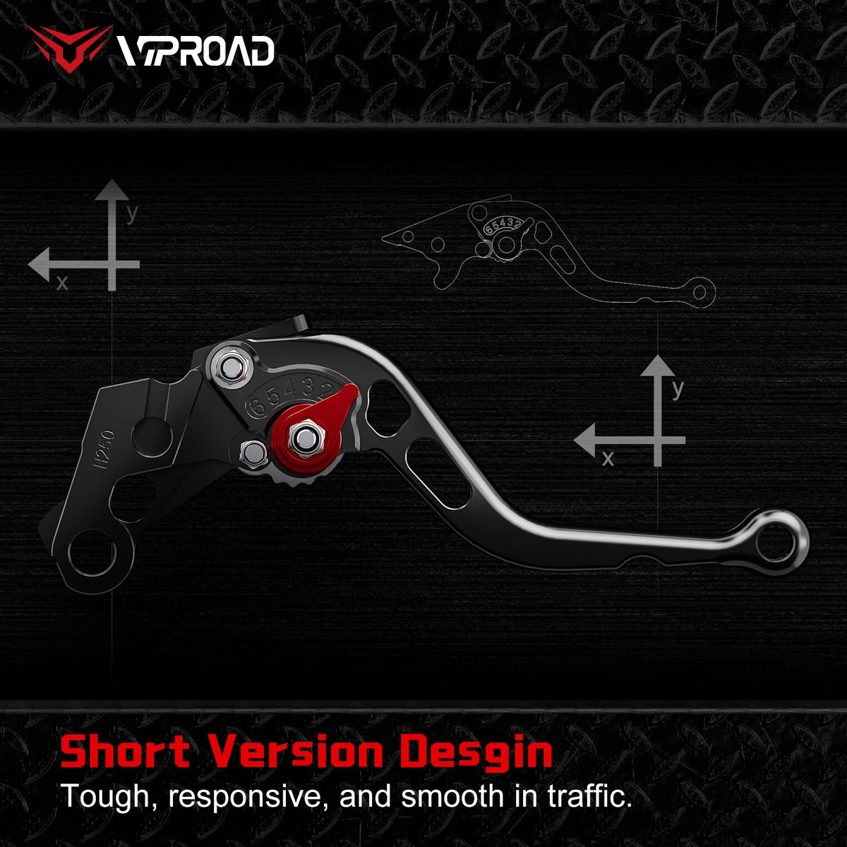 Viproad lever dimensions next to ruler showing exact lengths and hole diameters