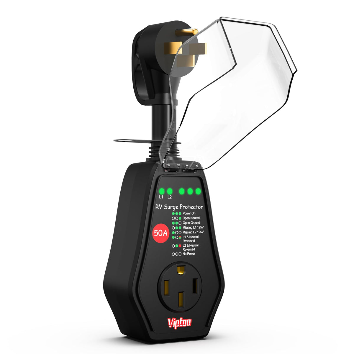 VIPTOO front view of 50A surge protector showing ports and design, protects RV power