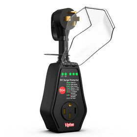 VIPTOO front view of 50A surge protector showing ports and design, protects RV power