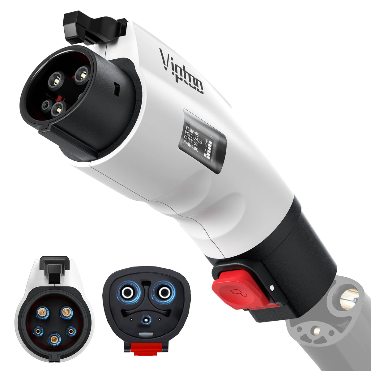 VIPTOO adapter front view showing connectors and compact design for easy charging