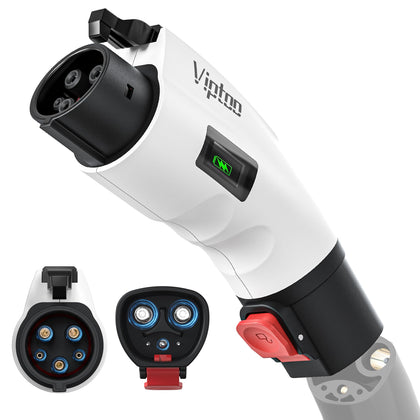 VIPTOO adapter front view showing plug and J1772 port, clear compatibility indicator