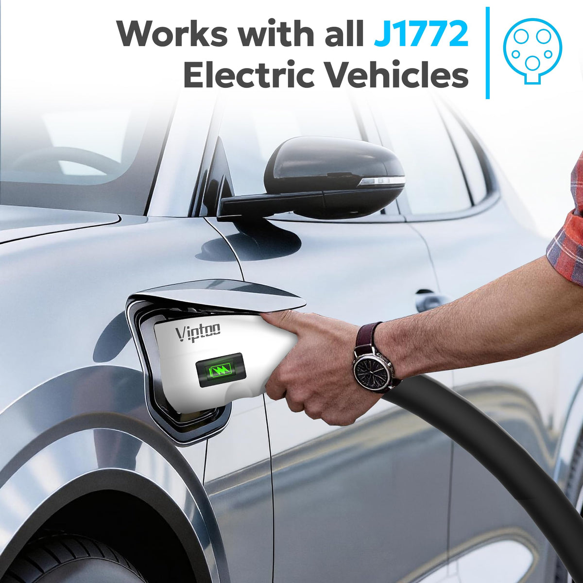 VIPTOO adapter connected to Tesla in driveway demonstrating convenient home charging