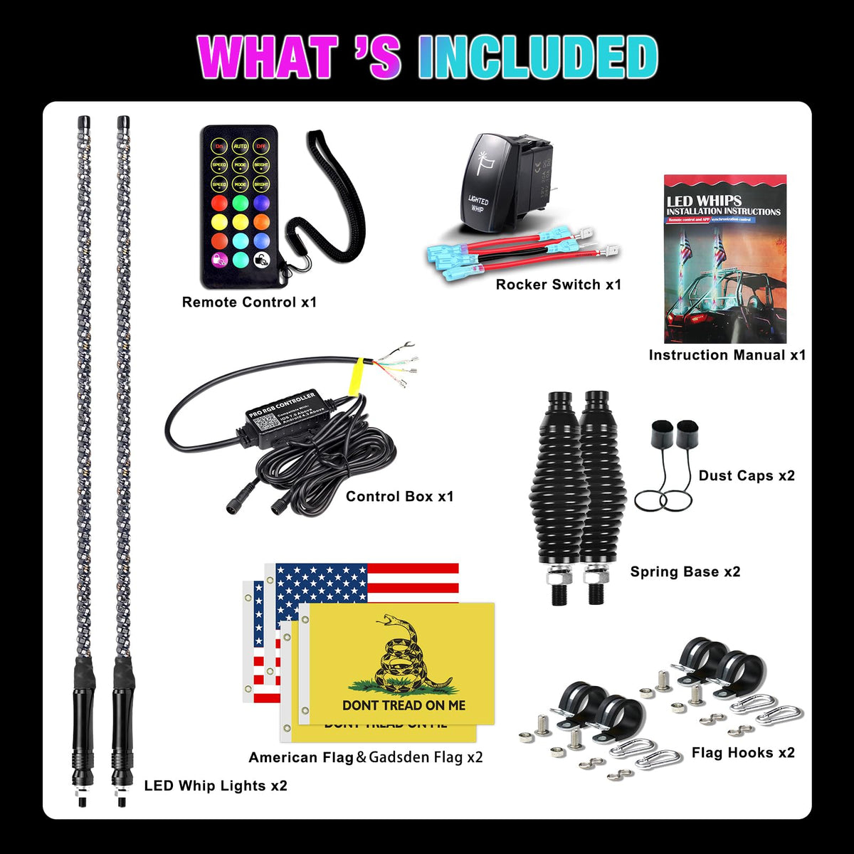 Viswiker black whip cap and hardware spread showing complete installation kit