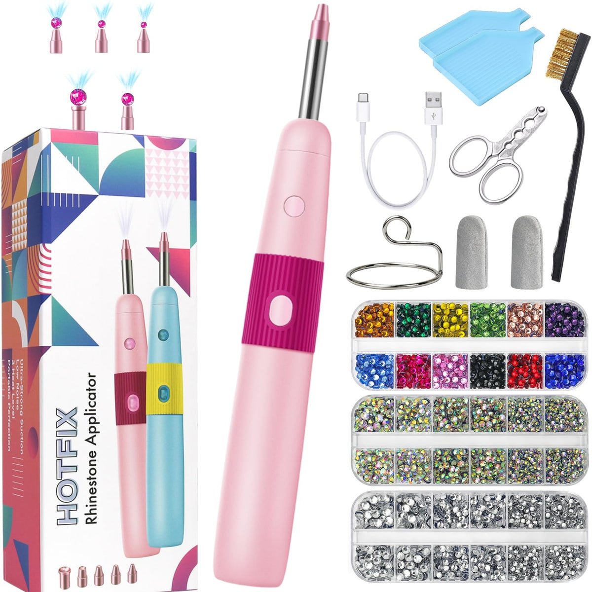 VIUCATE front view of pink cordless hotfix applicator kit showing device and boxes for quick setup