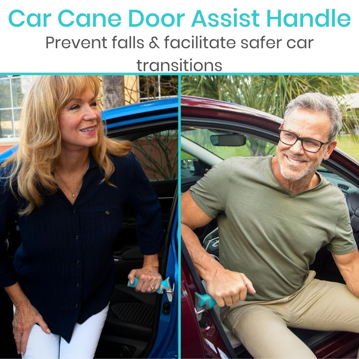 Vive lifestyle scene with senior using handle to exit car safely and independently