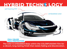 VViViD ColorFusion applied on a car hood showing vibrant blue finish benefit