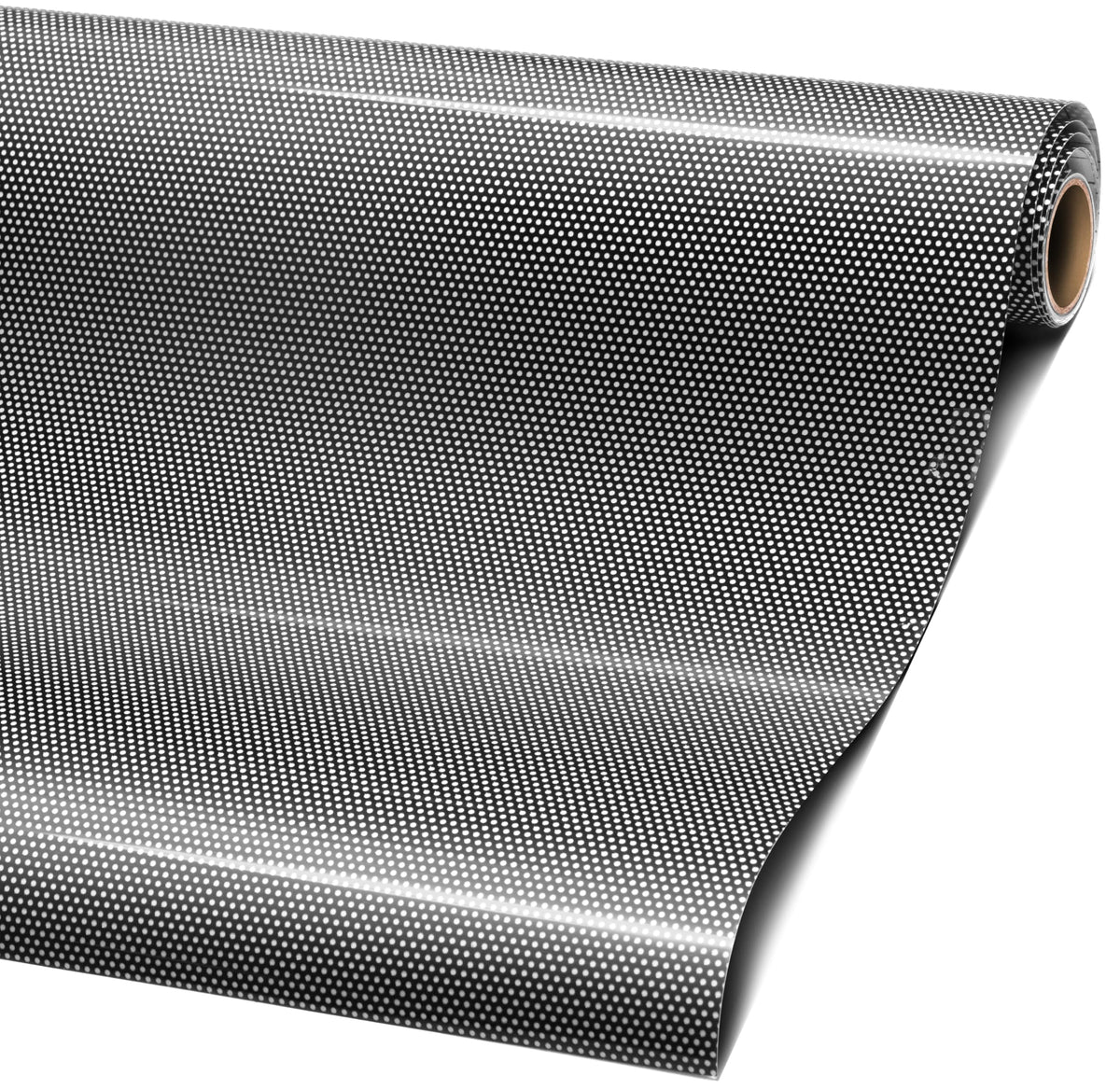 VViViD front view of the black perforated vinyl roll showing sleek finish and privacy benefits