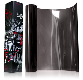 VViViD front packaging showing dark smoke roll and clear specs for premium shine