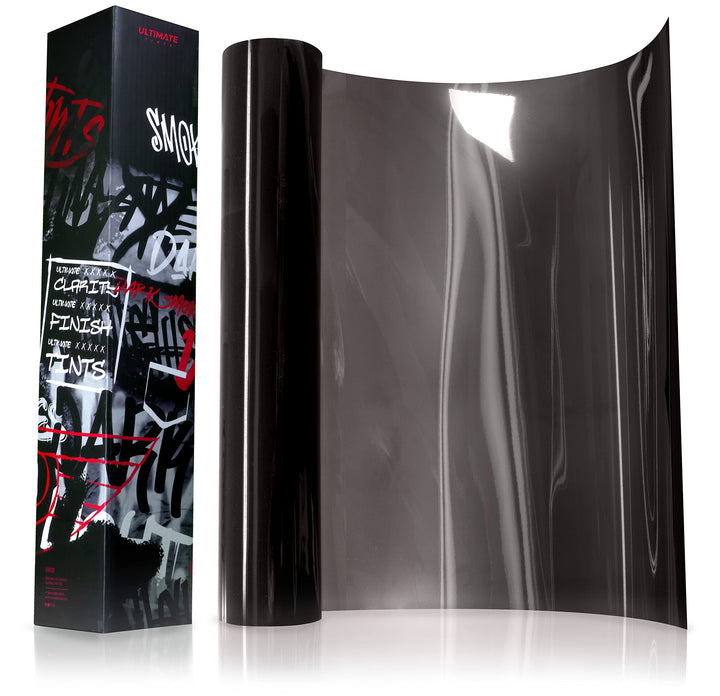 VViViD front packaging showing dark smoke roll and clear specs for premium shine