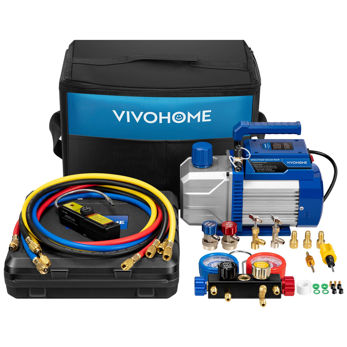 VIVOHOME front view of the full vacuum pump and manifold kit showing components and convenience