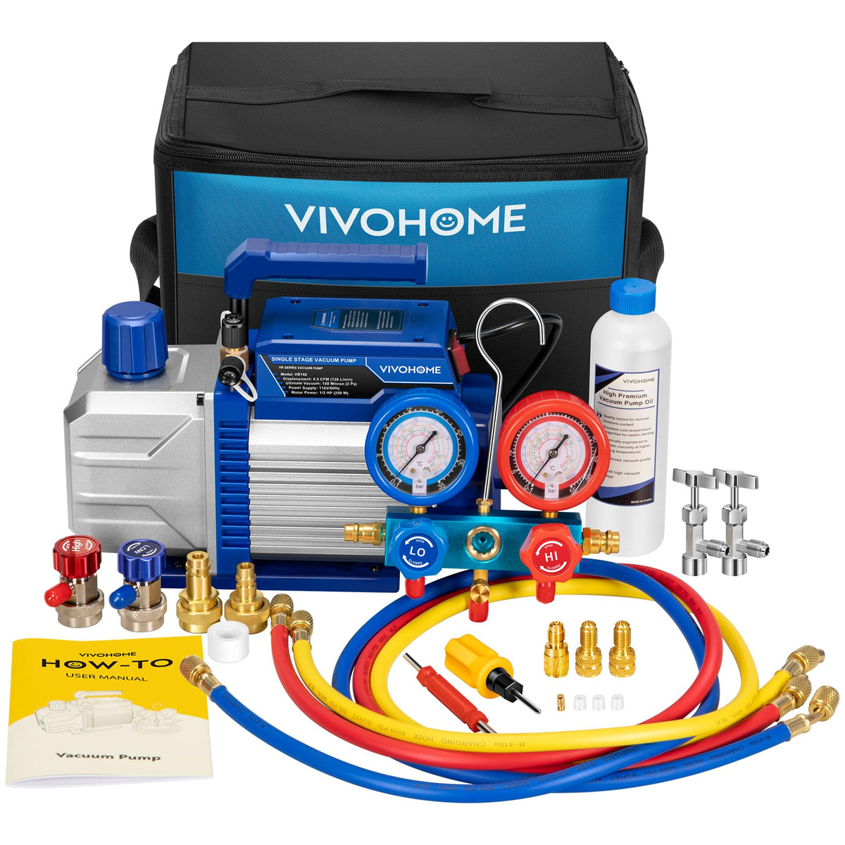 VIVOHOME front view showing pump and manifold for portable servicing
