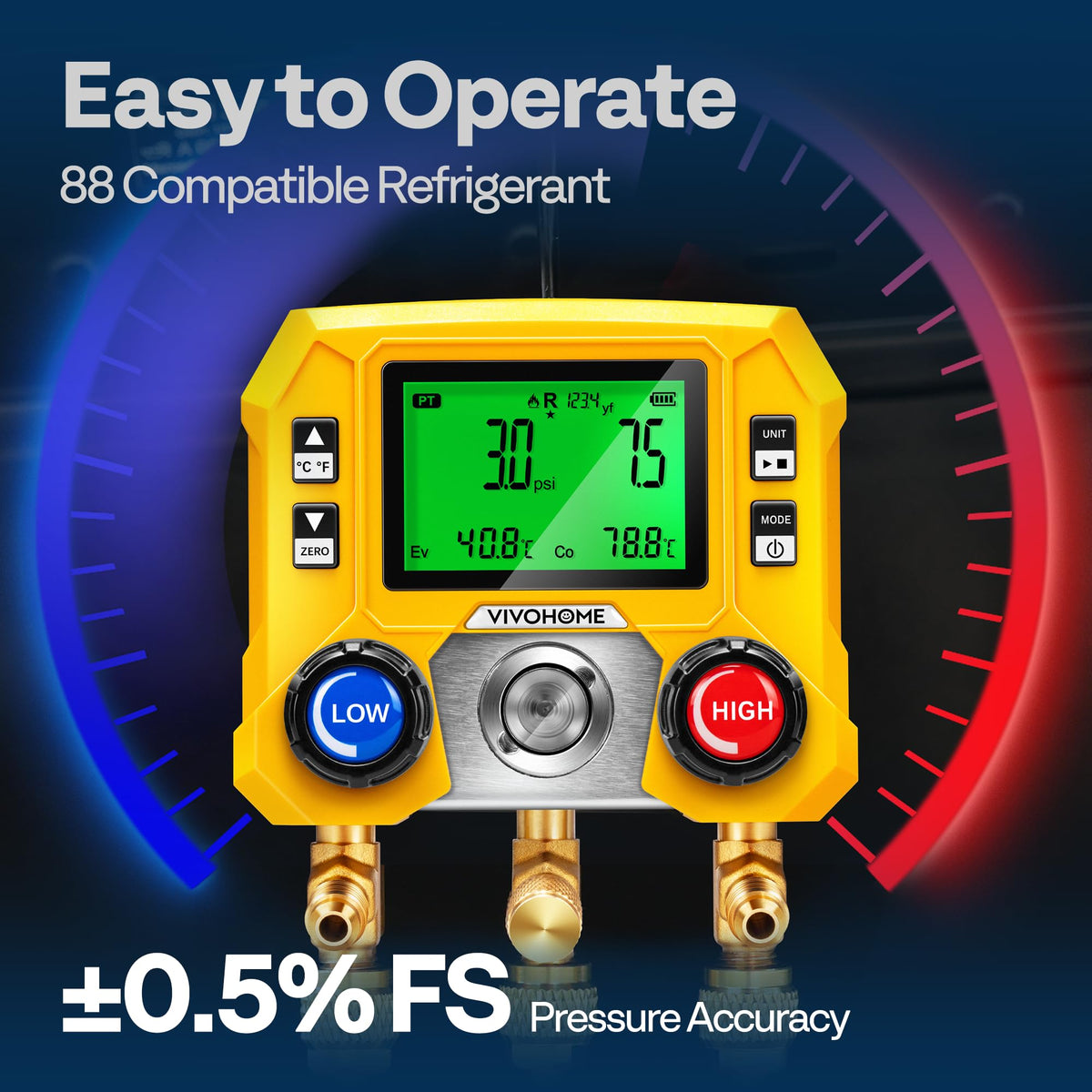 VIVOHOME close-up LCD display with backlight for clear pressure readings