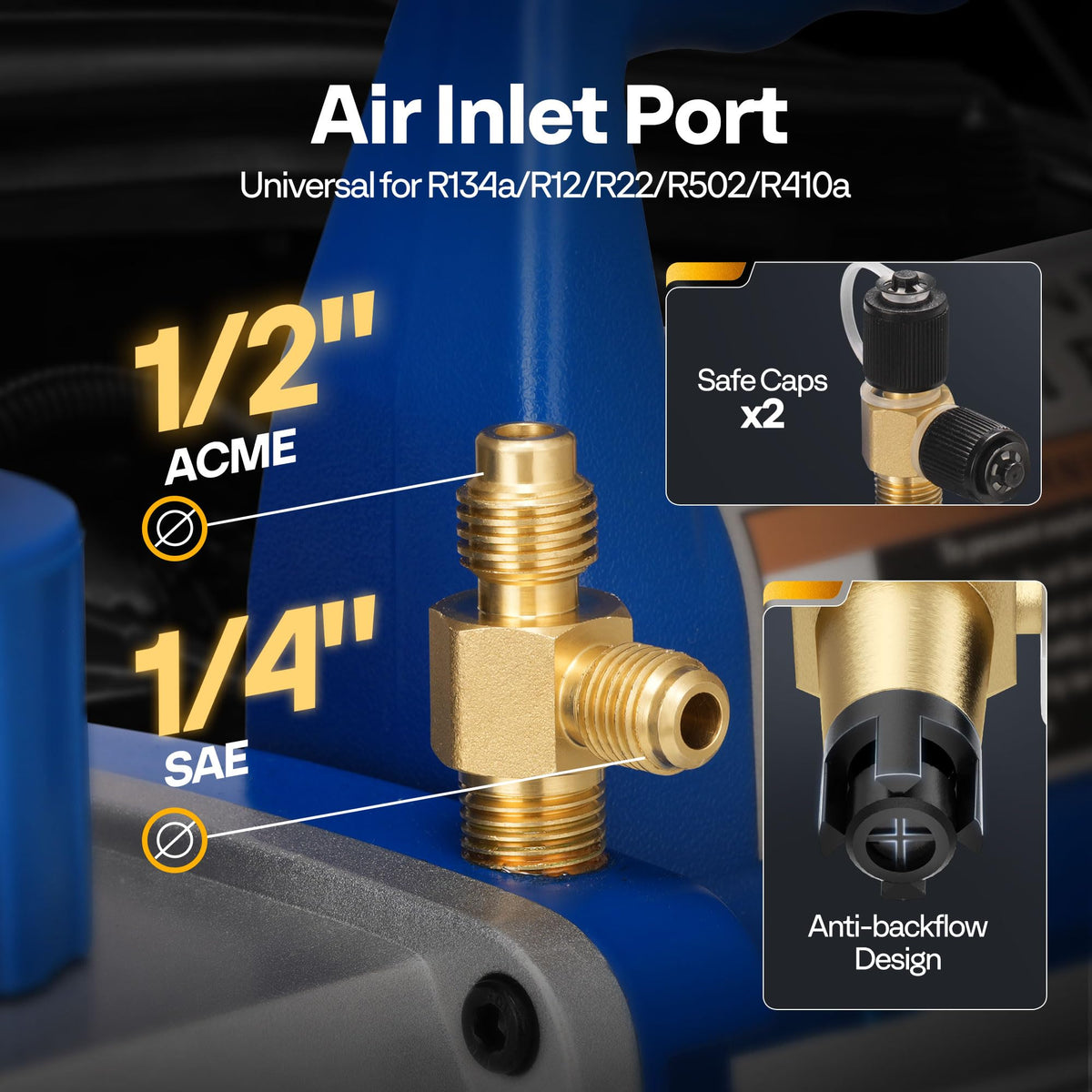 VIVOHOME intake fittings display showing SAE and Acme ports for versatile hookups