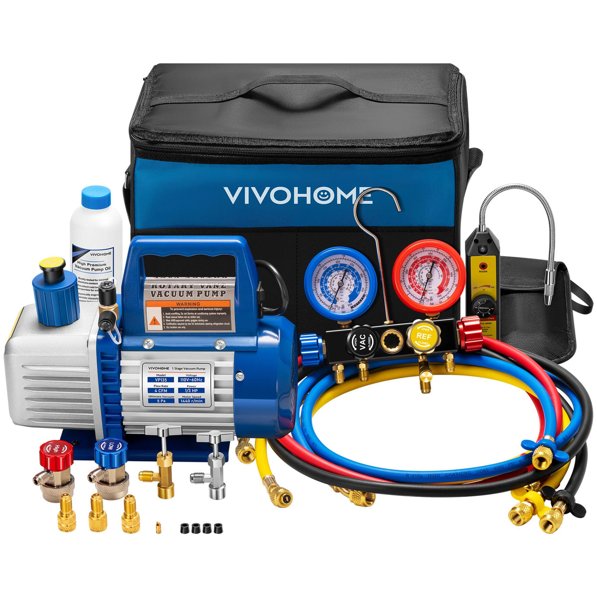 VIVOHOME vacuum pump and 4-way gauge kit front view showing complete set and case for easy transport