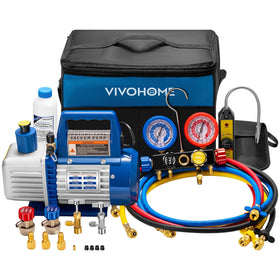 VIVOHOME vacuum pump and 4-way gauge kit front view showing complete set and case for easy transport