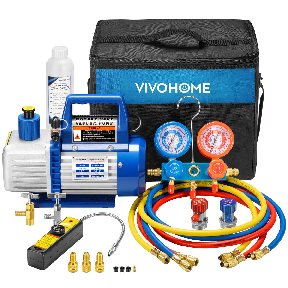 VIVOHOME vacuum pump front view showing compact die-cast body and handle for portability