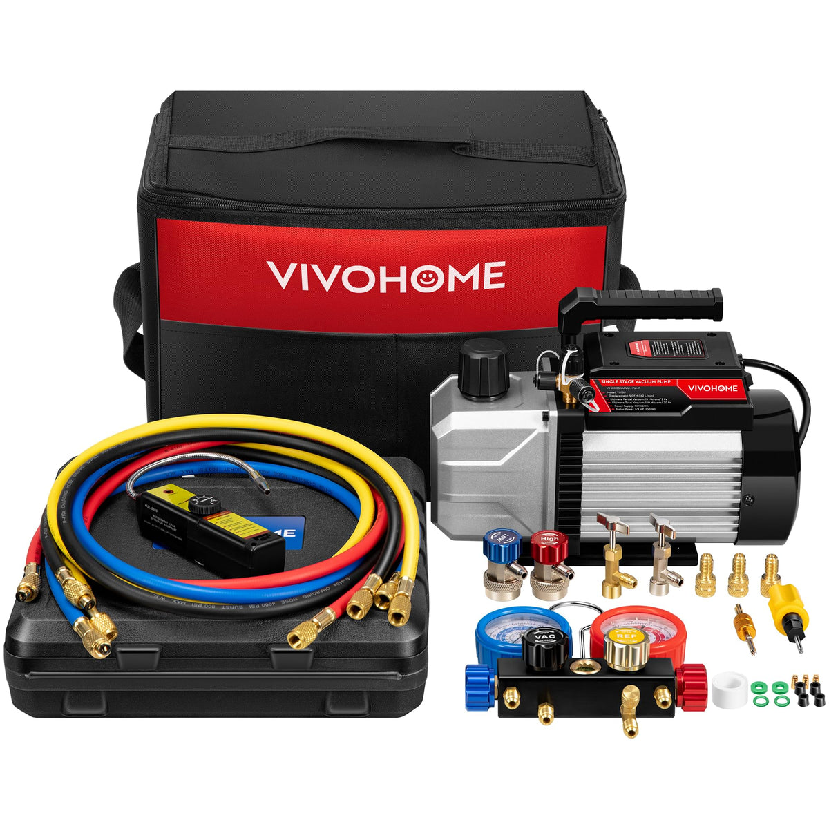 VIVOHOME vacuum pump front view showing durable housing and portability benefit