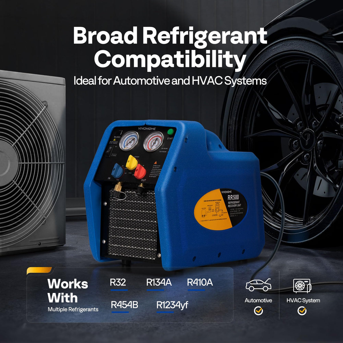 VIVOHOME twin-cylinder compressor close-up highlighting efficient recovery