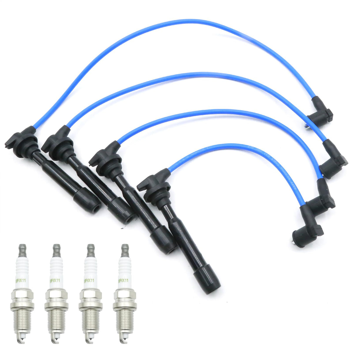 Vkinman front packaging showing four spark plugs and four wires, clear kit overview and benefit