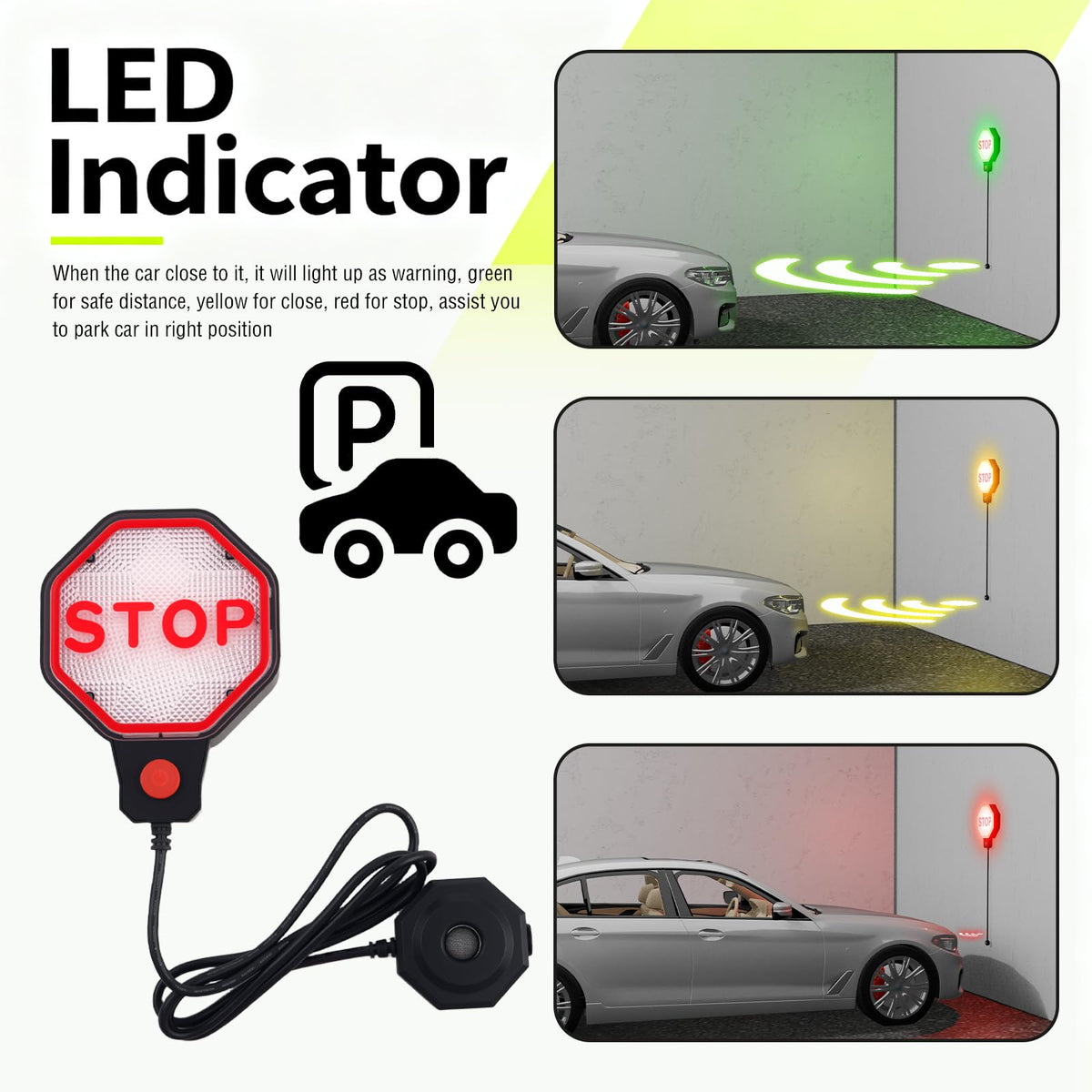 VKQTS mounted on garage wall behind car providing accurate parking aid