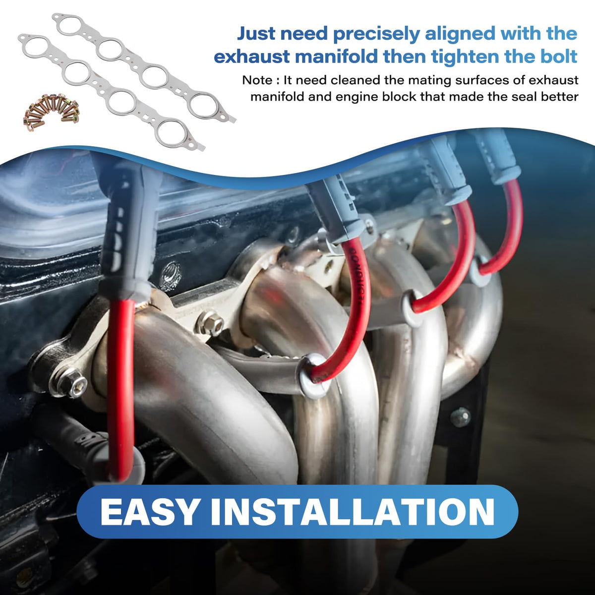 VKVXCLON gasket installed on exhaust manifold, demonstrates correct fitment benefit