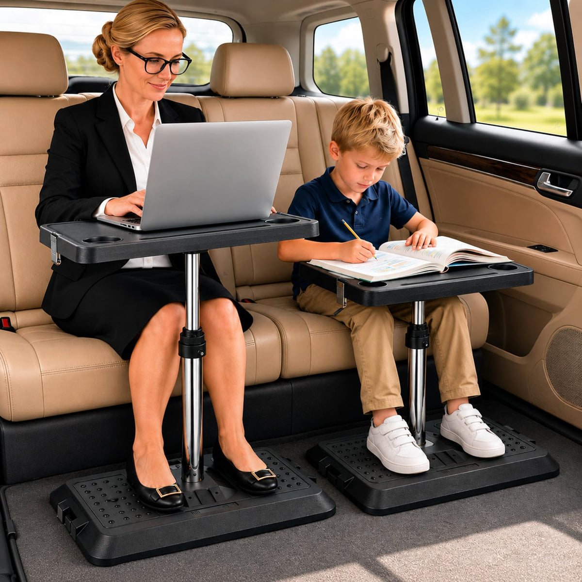 VKWJYOS front view of tray table showing full surface and benefits of a stable workspace