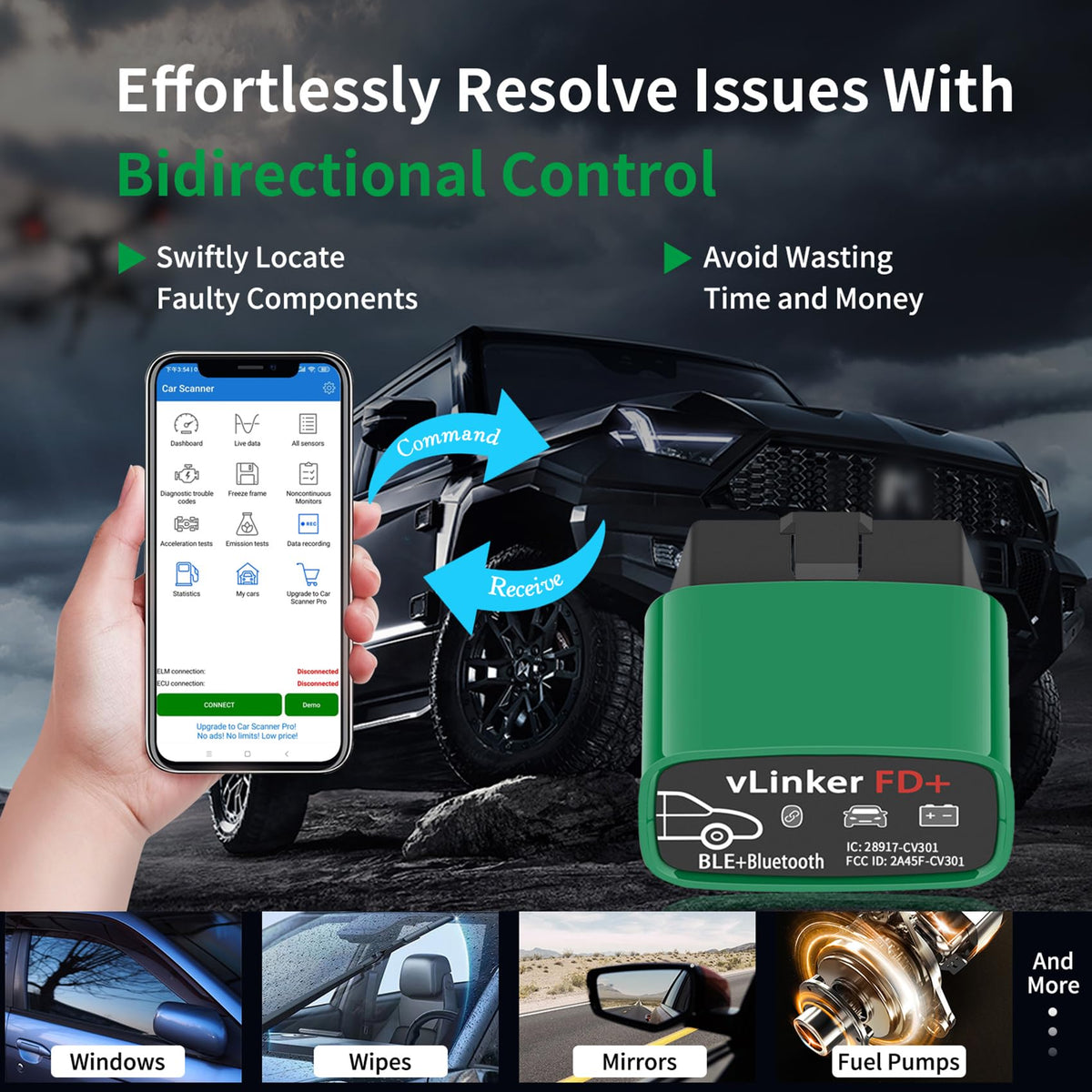vLinker FD+ paired to phone in car demonstrating wireless diagnostics on-the-go