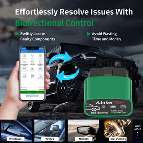 vLinker FD+ paired to phone in car demonstrating wireless diagnostics on-the-go
