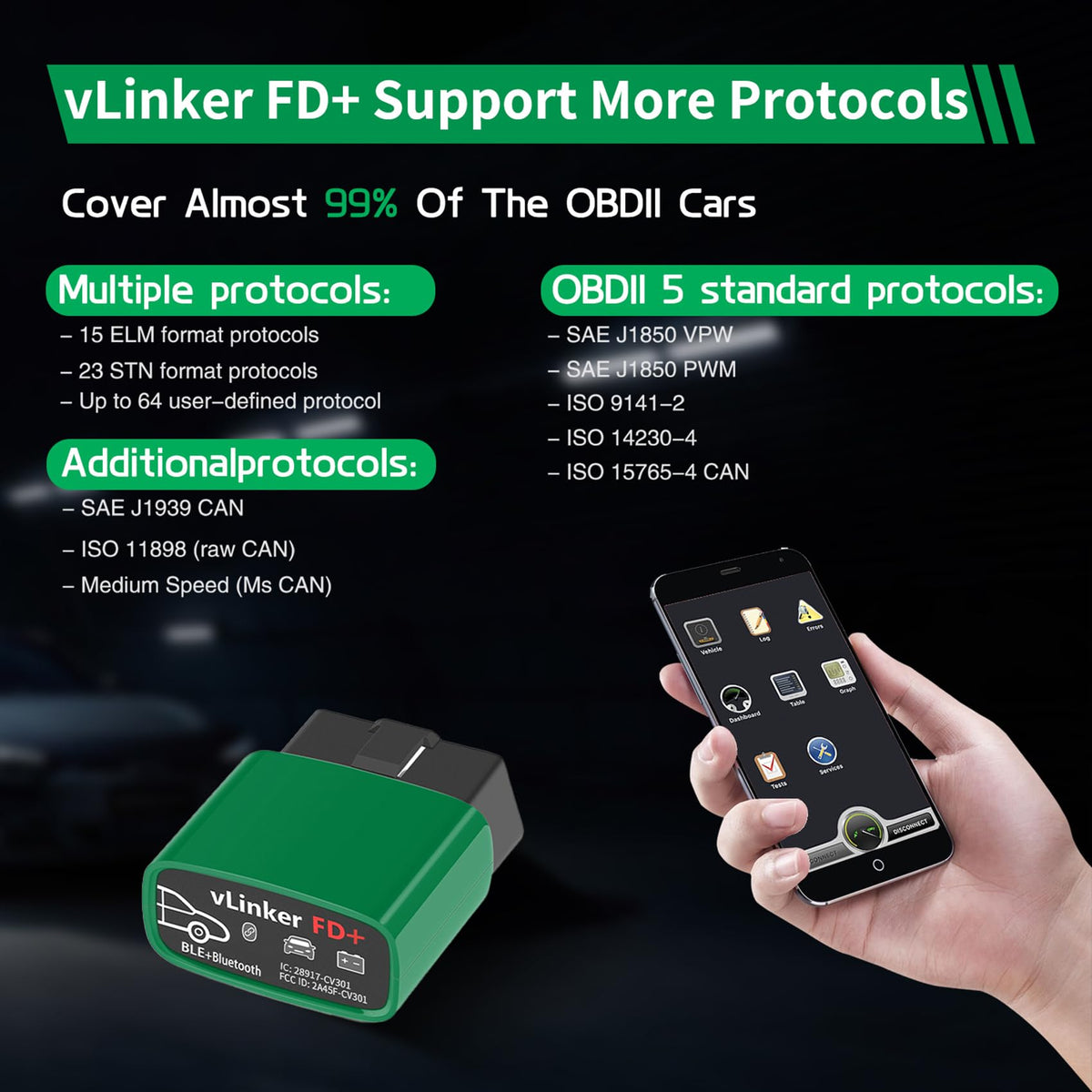 vLinker FD+ packaging and warranty card showing included 1-year coverage assurance