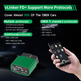 vLinker FD+ packaging and warranty card showing included 1-year coverage assurance