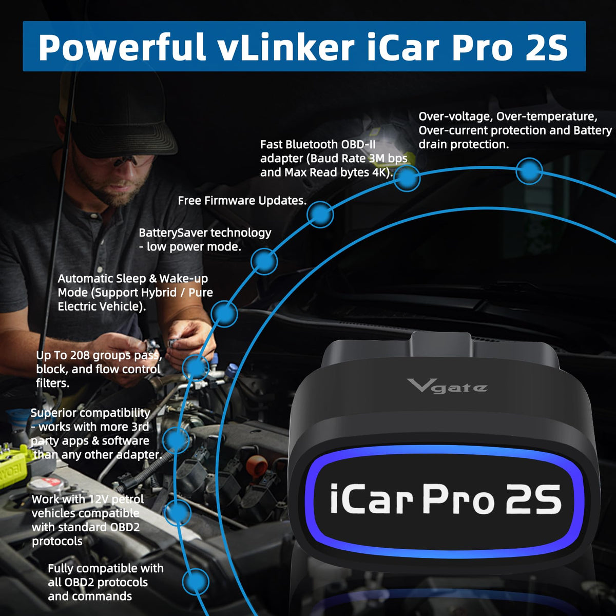 vLinker iCar Pro 2S on a garage bench with tools showing DIY maintenance use
