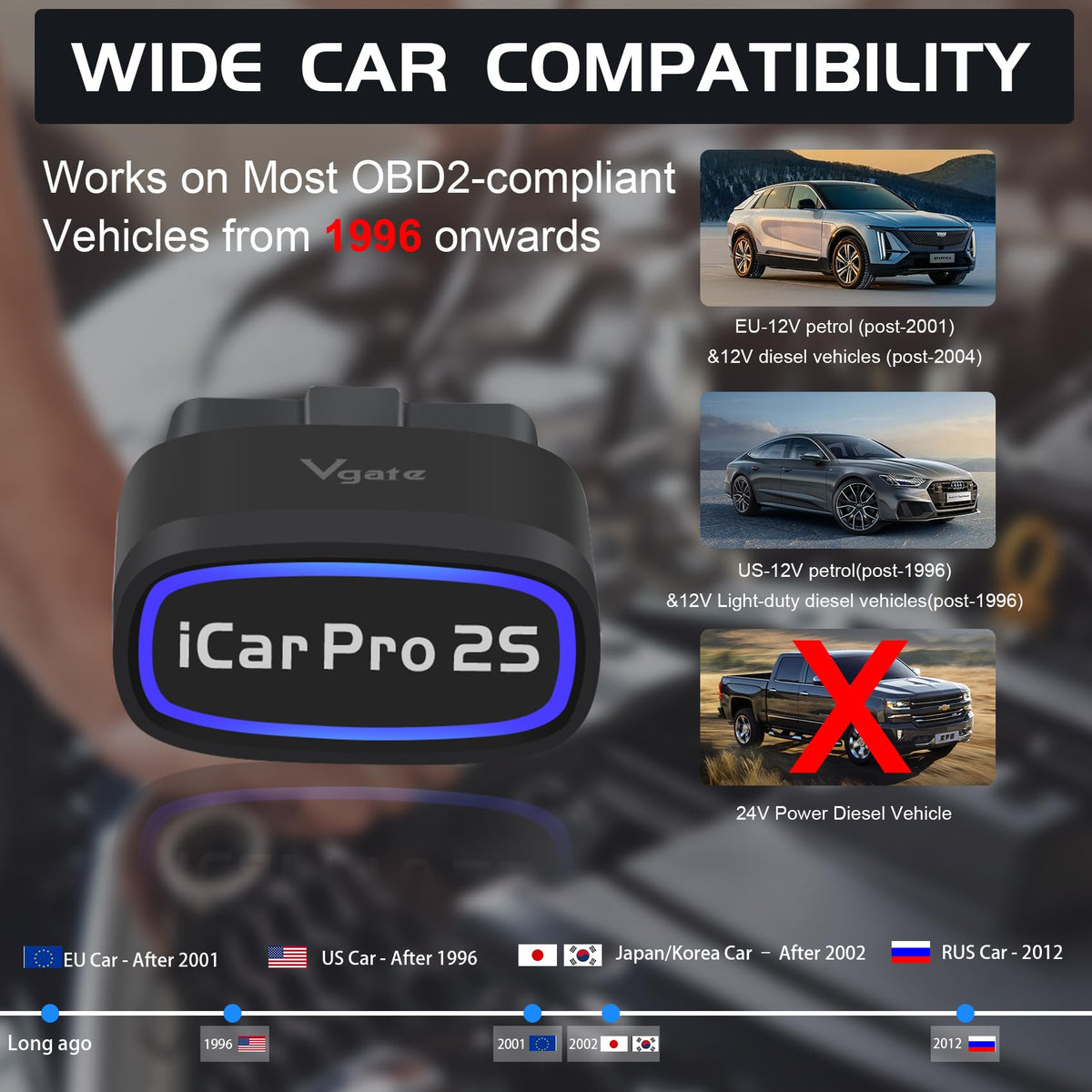 vLinker iCar Pro 2S box and warranty card illustrating included support assurance