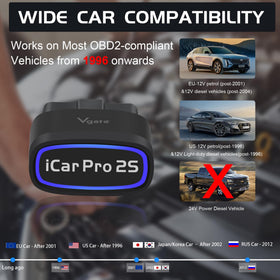 vLinker iCar Pro 2S box and warranty card illustrating included support assurance