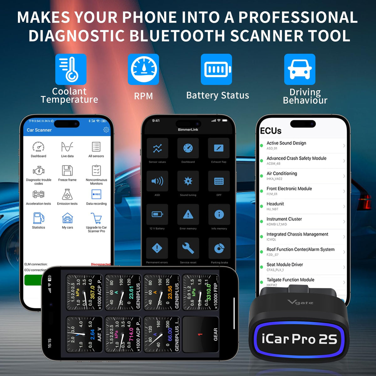 vLinker iCar Pro 2S plugged into vehicle OBD port demonstrating fast diagnostics