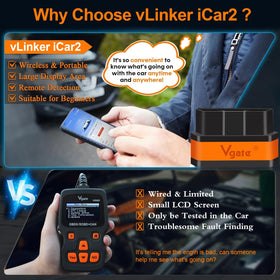 vLinker iCar2 connector pin detail showing 16-pin OBDII interface for broad vehicle support