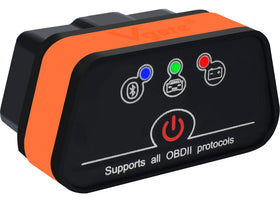 vLinker iCar2 front view showing compact adapter and readable label benefit quick diagnostics